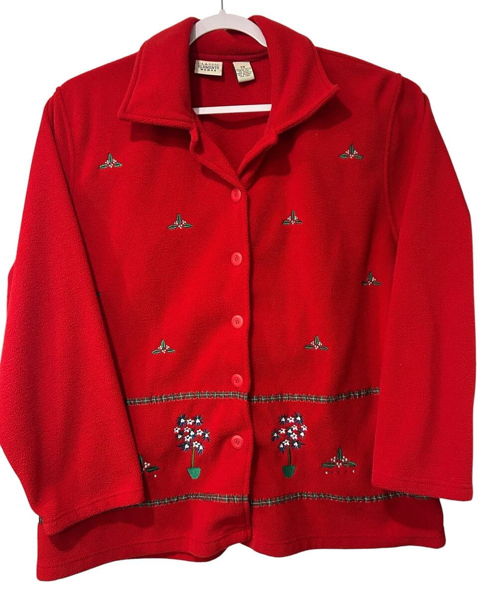 Vintage Christmas Fleece Jacket Y2K Embroidered Holiday Topiary Red Plus 2X Art